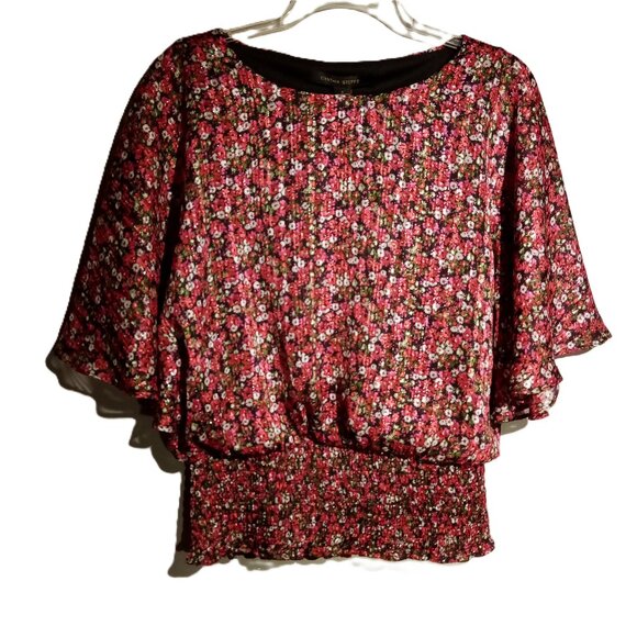 CYNTHIA STEEFE Blouse/Top  sz Large  Red/Pink/Black Floral  Metallic Crepe NWT - Picture 1 of 11